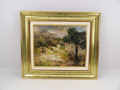 un tableau représentant un paysage avec une maison et des arbres, dans un cadre doré
