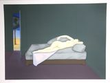 a painting of a woman laying on a bed in a room