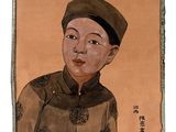 painting of a young boy in a hat and a brown shirt