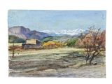 watercolor painting of a landscape with mountains in the background