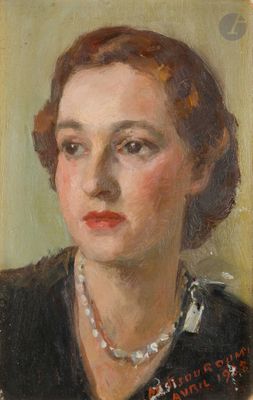 portrait of a woman in a black dress with a pearl necklace