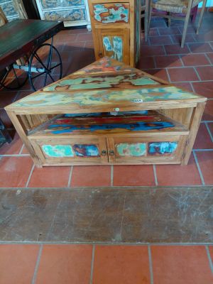 a wooden table with a drawer underneath it on a tiled floor