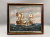 une peinture représentant deux navires en pleine mer, avec le ciel en arrière-plan
