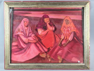 painting of a group of women sitting on a couch in a room