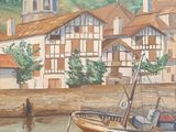 a painting of a boat in the water near a building