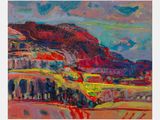 un tableau représentant un paysage avec une montagne en arrière-plan
