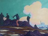 une peinture représentant un groupe d'hommes travaillant sur une colline