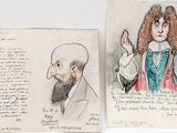 an old drawing of a man with a beard and a woman with long hair