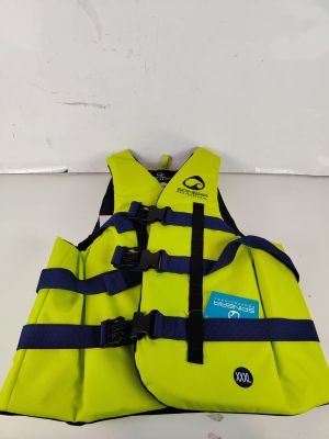 a yellow life jacket sitting on top of a white table