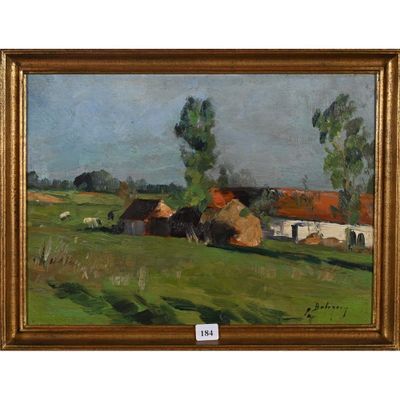 un tableau représentant une scène de vie à la ferme avec des vaches qui paissent dans un champ