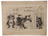 un vieux dessin représentant trois chiens assis sur un banc devant un magasin