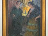 une peinture à l'huile représentant deux femmes debout devant une fenêtre
