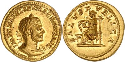 a gold coin with an image of a man holding a sword