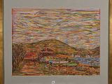 a painting of a landscape with a river and mountains in the background