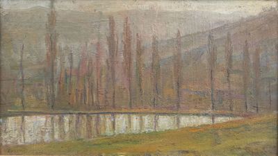 an image of a painting of a landscape with trees and a river