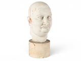 tête d'homme en plâtre posée sur un socle en bois, devant un fond blanc