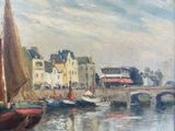 a painting of boats in a harbor with buildings in the background