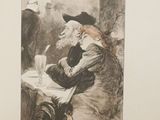 an old picture of a man sitting at a table reading a book