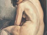 une peinture à l'huile représentant un homme nu assis sur un lit