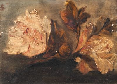 tableau représentant deux fleurs posées sur une table, sur fond marron