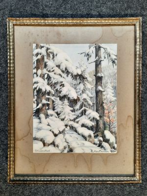 une image représentant un tableau d'arbres enneigés, dans un cadre