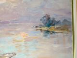 an oil painting of a lake with a boat in the water