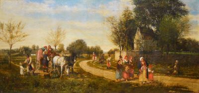 tableau représentant un groupe de personnes à cheval sur un chemin de terre