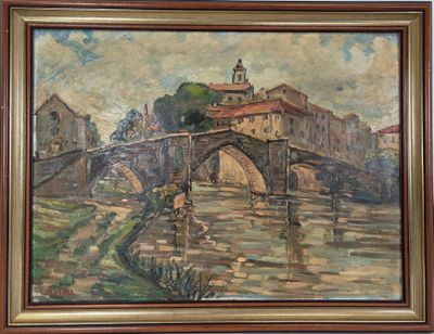 une peinture à l'huile représentant un pont sur une rivière avec un bâtiment à l'arrière-plan