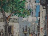 painting of a street scene with a man walking down the street