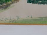 a painting on the wall of a house with a boat in the water