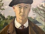 painting of a man in a hat and jacket standing in front of a tree