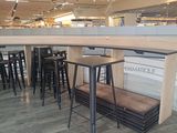many stools and tables in a store that are empty