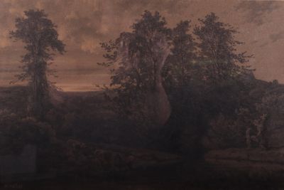 a picture of a painting of a landscape with trees in the foreground