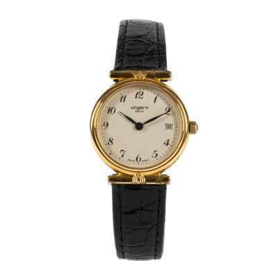a lady ' s wrist watch with a white dial and black leather strap