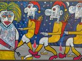 a painting of a group of clowns on a wall