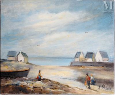 an oil painting of people on the beach with boats in the water