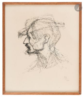 a drawing of a man ' s head with a mustache in a wooden frame