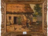 une peinture à l'huile représentant une scène de vie à la ferme avec des poules et un homme sur une échelle