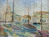 a painting of boats in a harbor with buildings in the background