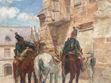 painting of three men riding horses in front of a building