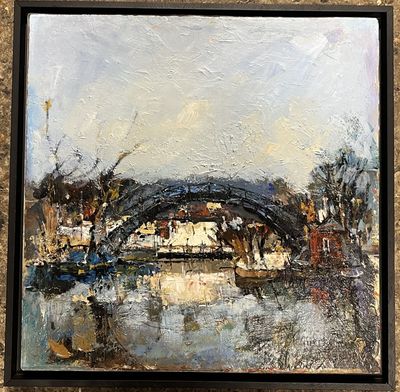 an oil painting of a bridge over a body of water