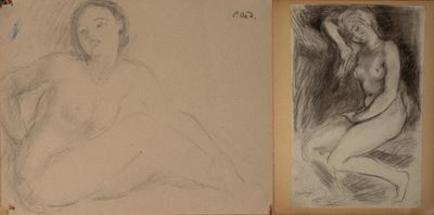 deux dessins représentant une femme assise sur une chaise, à côté d'un dessin représentant une femme nue