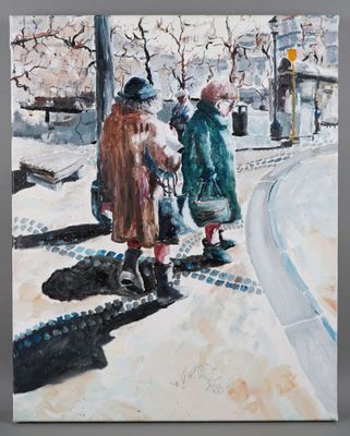 a painting of three people walking down the street