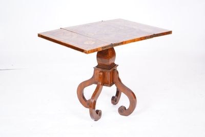 an old wooden table with a marble top on a white background