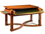 a wooden desk with a green top on a white background