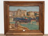a picture of a painting of boats on the water