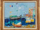 a painting of boats on the water in a gold frame