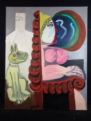 un tableau représentant une femme et un chat assis sur une chaise