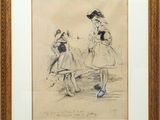 an image of a drawing of two women in dresses and hats