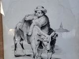 a drawing of a man riding a donkey with a woman on it